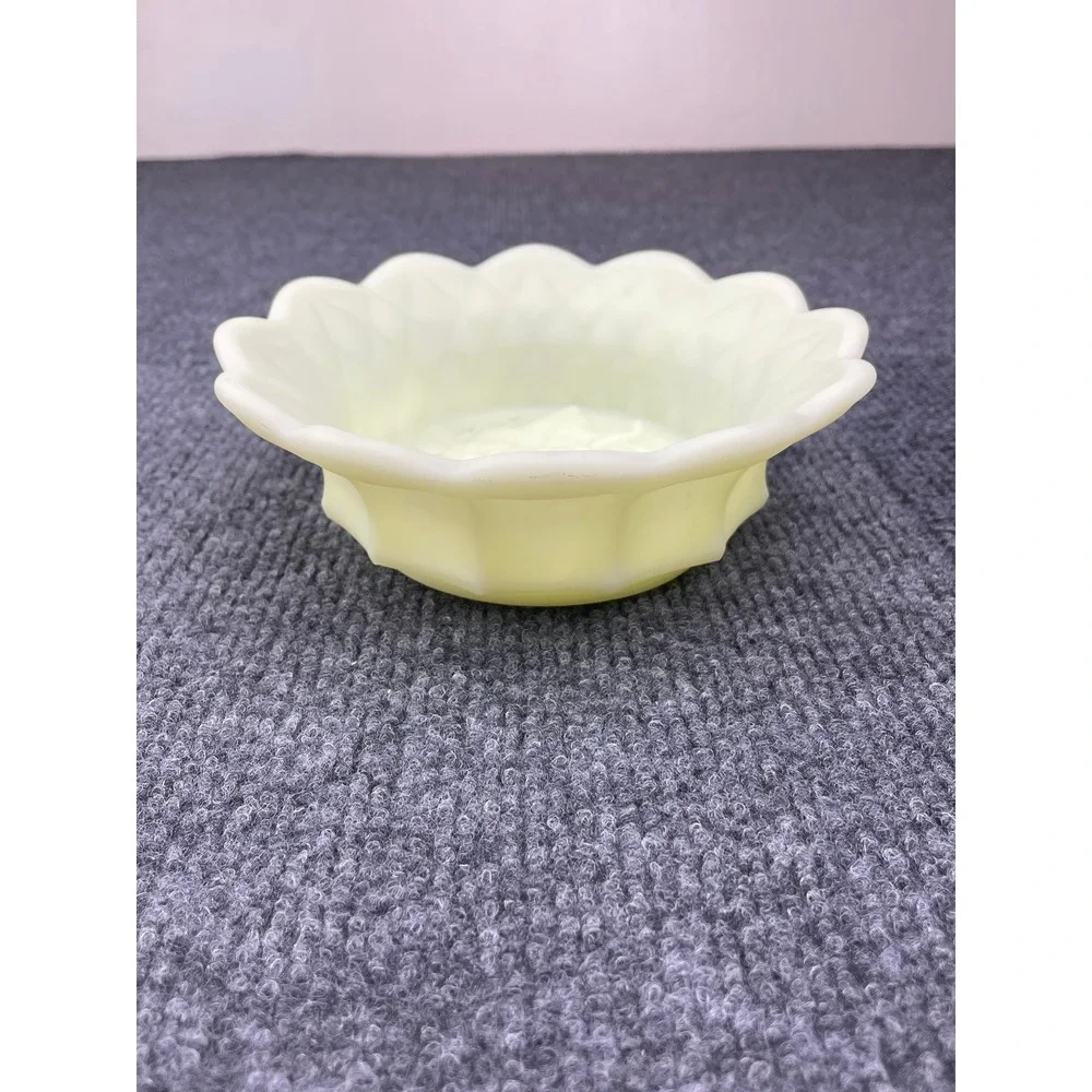 Vintage Uranium Custard Glass Scalloped Bowl Grape Pattern UV Glow 4.5 Inch